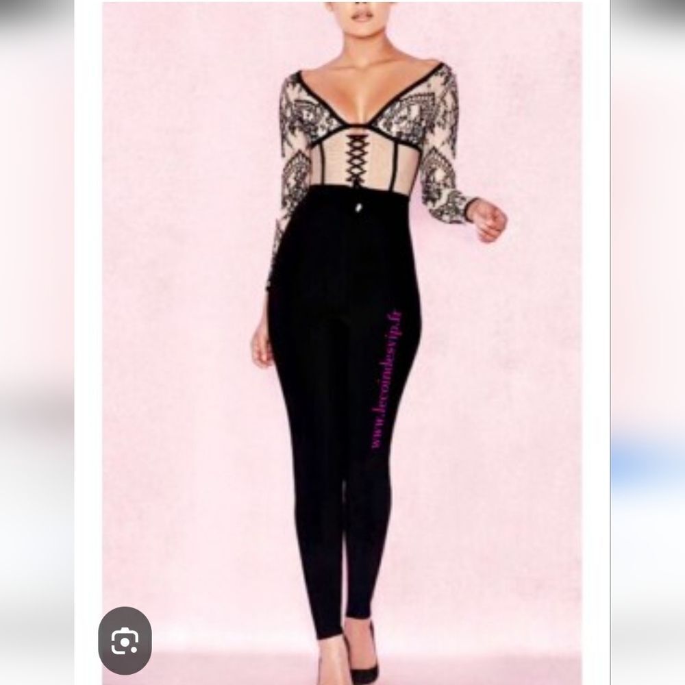 House Of CB Amra Lace Black Nude Jumpsuit Size L